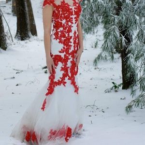 Red Lace White Sparkly Mermaid Gown